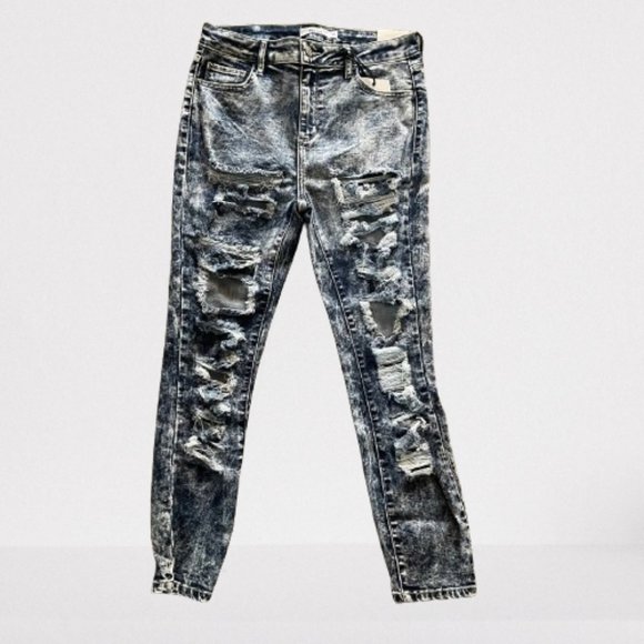 High Waist Distressed Acid Wash Shredded Jeans